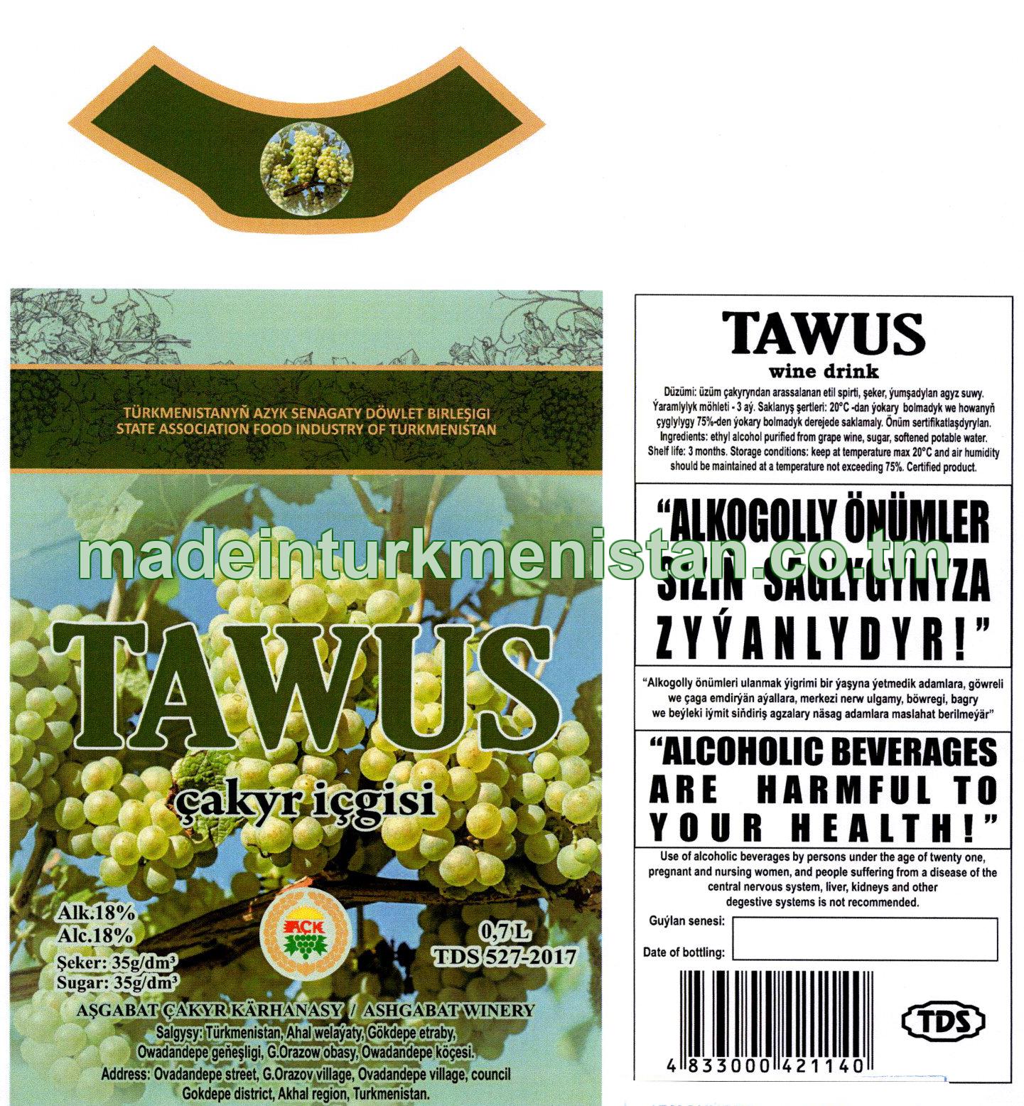 "Tawus" çakyr içgisi. Alk: 18%, şeker 35g/dm3