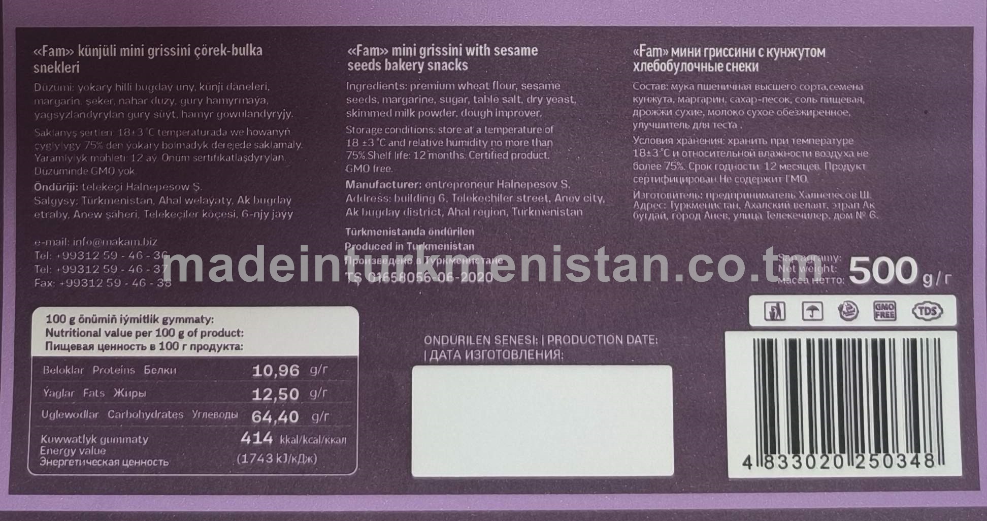 "Fam" künjüli mini grissini çörek-bulka snekleri. Ýokary hilli bugdaý unundan