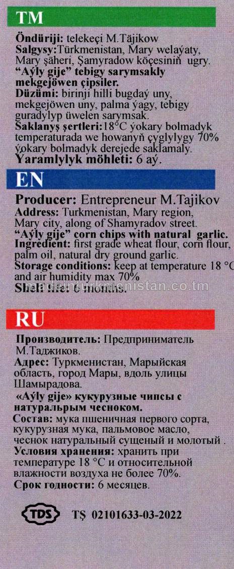 Tebigy sarymsakly mekgejöwen çipsiler
