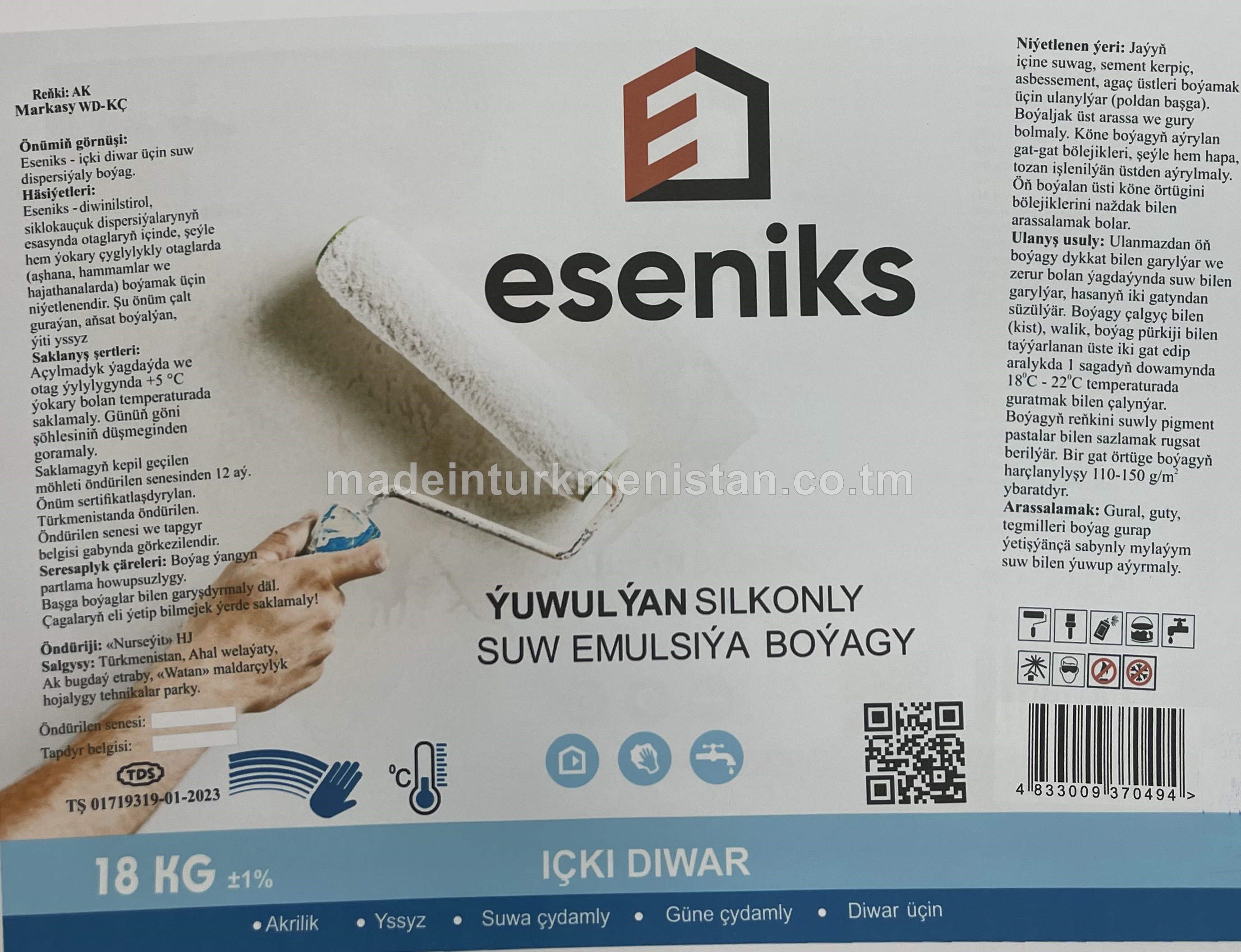 Ýuwulýan silikonly suw emulsiýa boýagy içki diwarlar üçin. Markasy WD-WA-224. Reňk: Ak