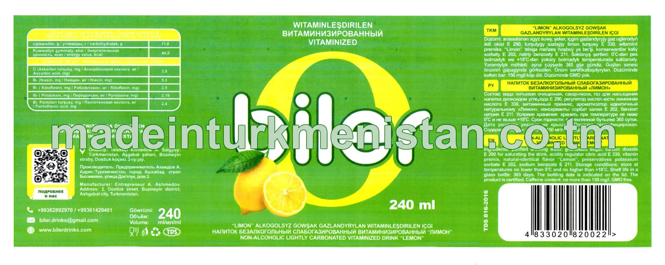 Limon witaminleşdirilen alkogolsyz gazlandyrylan içgi