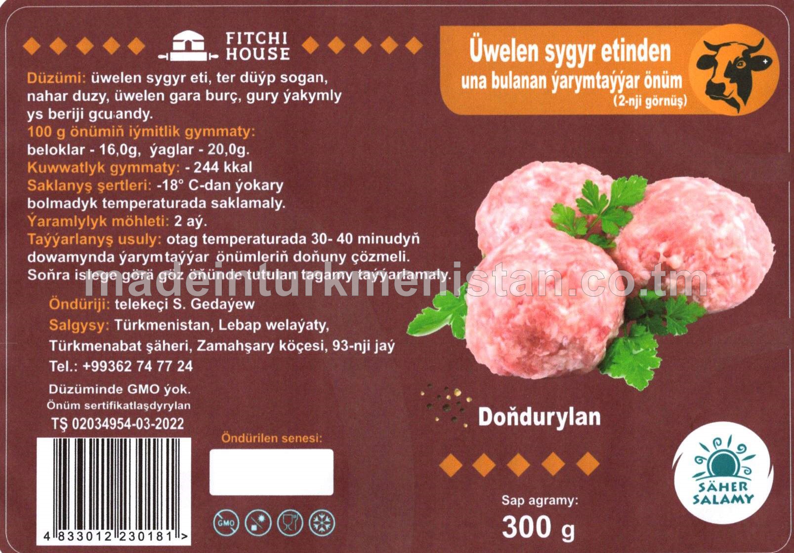 "Säher salamy" Üwelen sygyr etinden una bulanan ýarym taýýar önüm (2-nji görnüş)