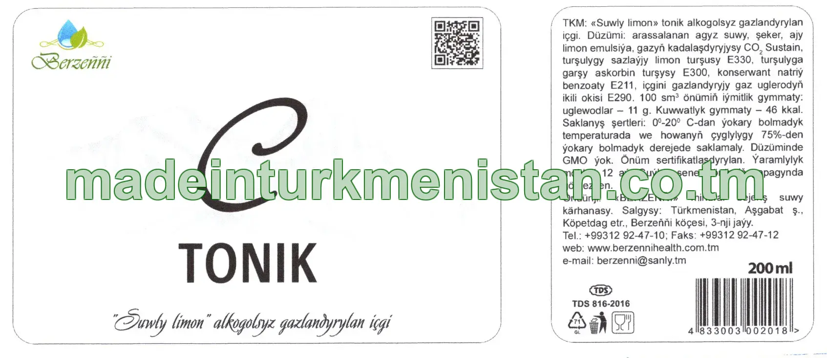 "Suwly limon" tonik alkogolsyz gazlandyrylan içgi 