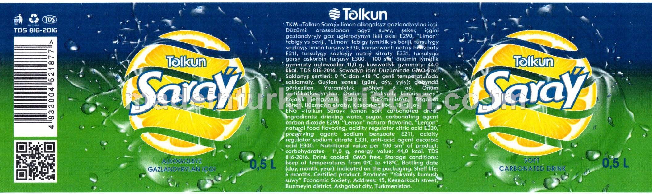 "Tolkun Saraý" limon alkogolsyz gazlandyrylan içgi