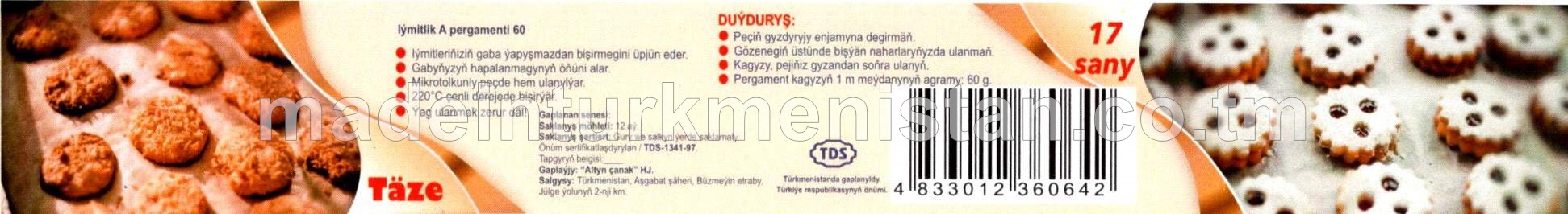 Iýmit önümleriniň gaplanylmagy üçin iýmitlik pergamenti 37sm*42sm, Iýmitlik A pergamneti 60 