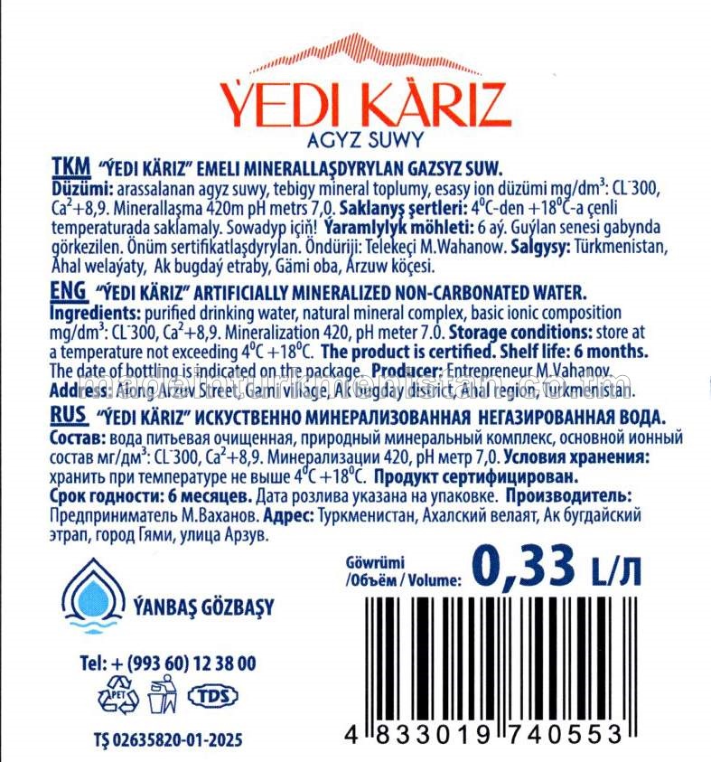 ÝEDI KÄRIZ EMELI MINERALLAŞDYRYLAN GAZSYZ SUWY