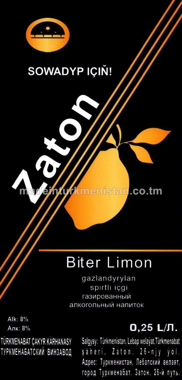 "Zaton" Biter Limon gazlandyrylan spirtli içgi. Alk: 8%