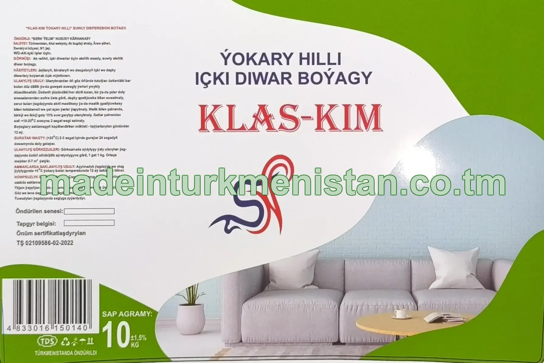 "Klas Kim" Ýokary hilli suwly dispersion boýagy, ak reňkli, WD-AK (içki diwar boýagy)