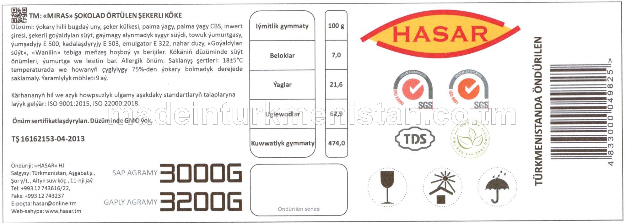 "Miras" şokolad örtülen şekerli köke