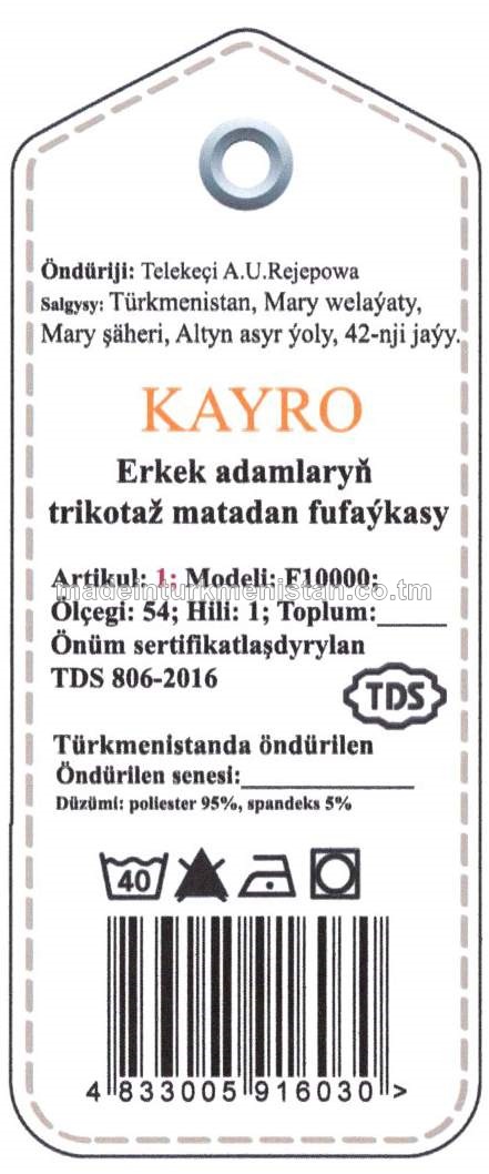 Erkek adamlaryň trikotaž matadan fufaýkasy. Modeli: F10000, artikul: 1, ölçegi: 54