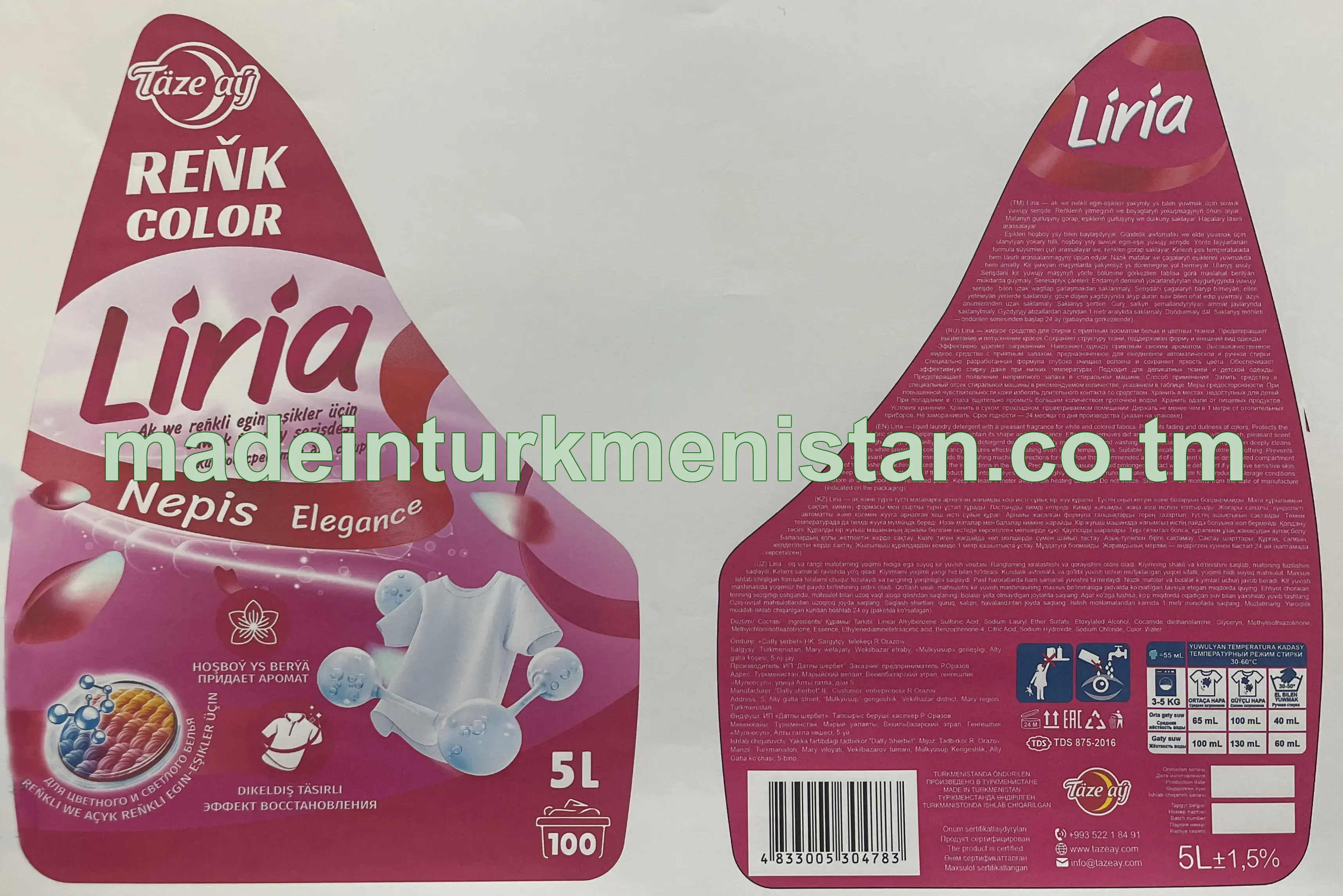 "Liria" ak we reňkli egin-eşikler üçin suwuk ýuwujy serişdesi - Nepis