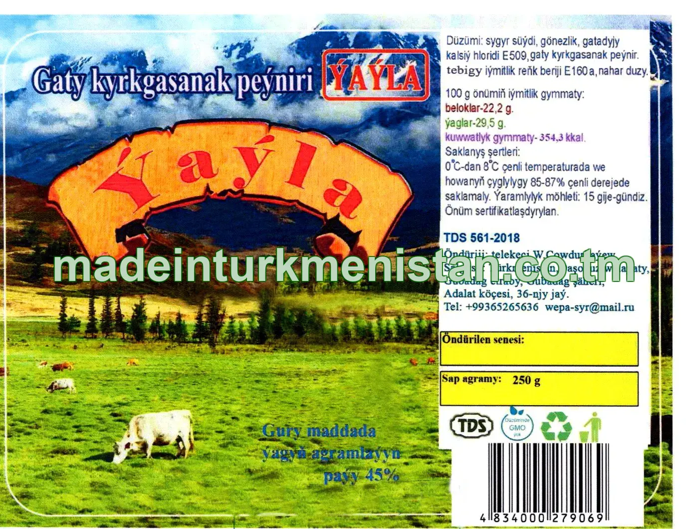 "Ýaýla" gaty kyrkgasanak peýniri, ýaglylygy 45% (2 görnüş)