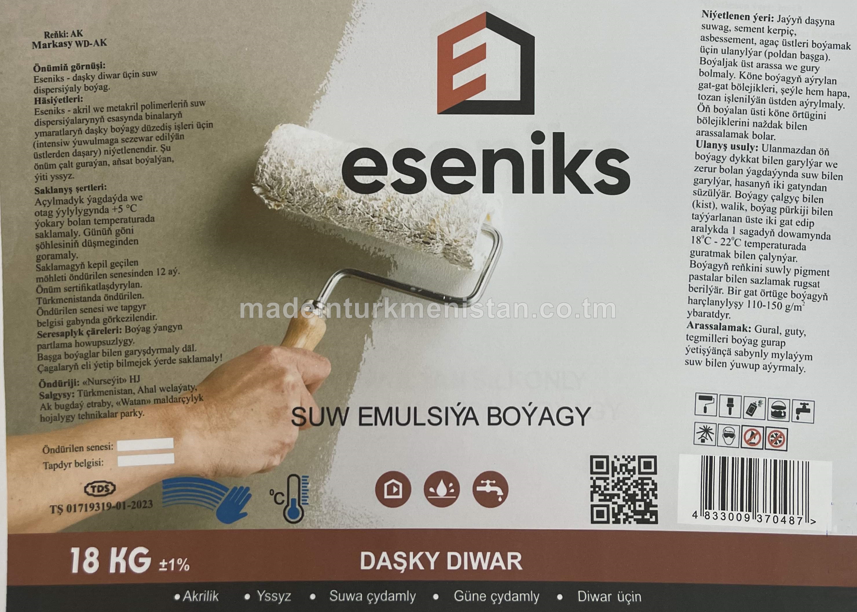 Suw emulsiýa boýagy daşky diwarlar üçin. Markasy WD-KÇ-183. Reňk: Ak