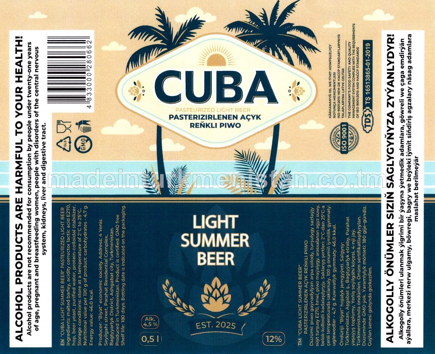 "Cuba light summer beer" pasterizirlenen açyk reňkli piwo, Alk. 4,5%