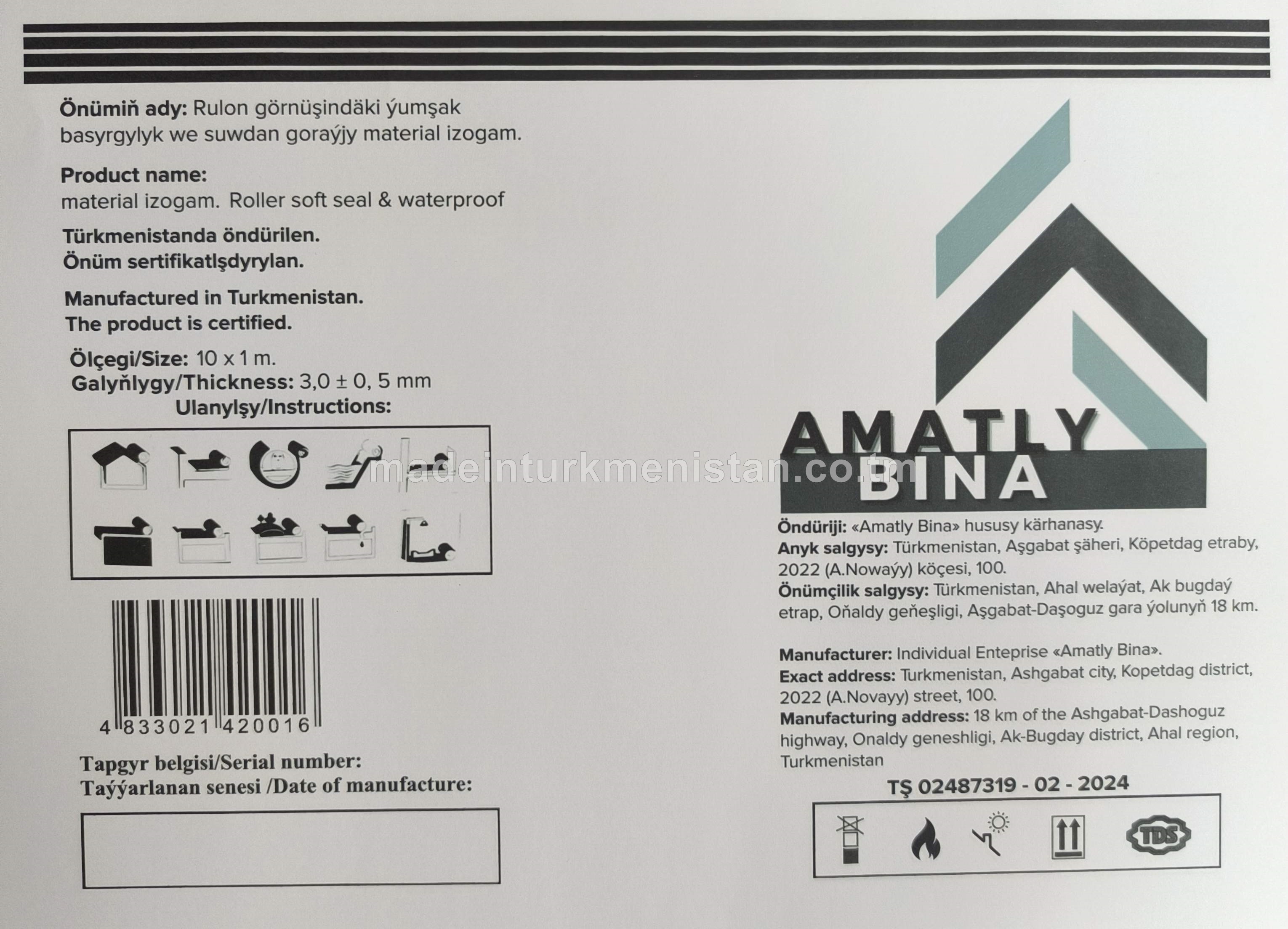 Rulon görnüşindäki ýumşak basyrgylyk we suwdan goraýjy material izogam. Galyňlygy: 3,0mm