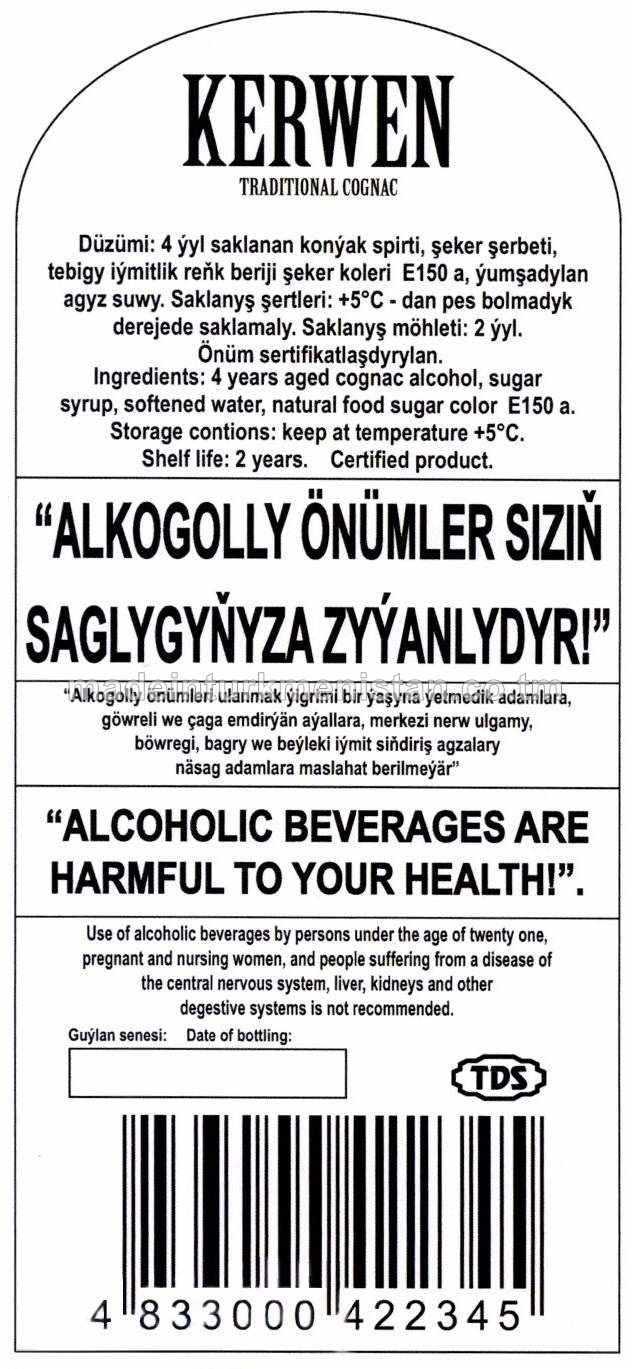"Kerwen" adaty konýagy. Alk: 40%, şeker 15g/dm3