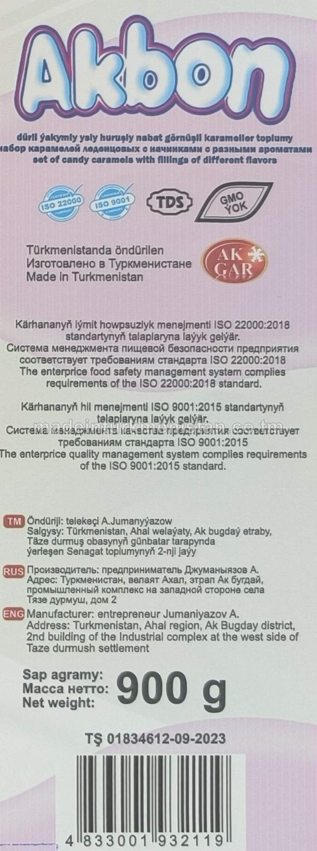 "Akbon Fruity" dürli ýakymly ysly huruşly nabat görnüşli karameller toplumy (ýertudana, pyrtykal, gawun, şetdaly)