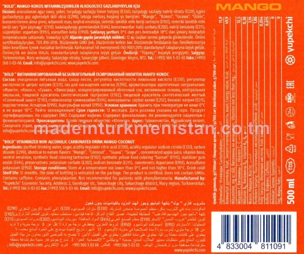 Mango-kokos witaminleşdirilen alkogolsyz gazlandyrylan içgi