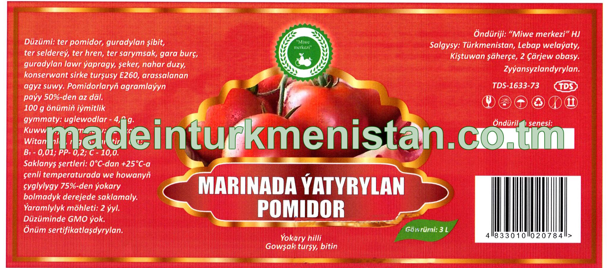 Marinada ỳatyrylan pomidor. Ýokary hilli. Gowşak turşy, bitin