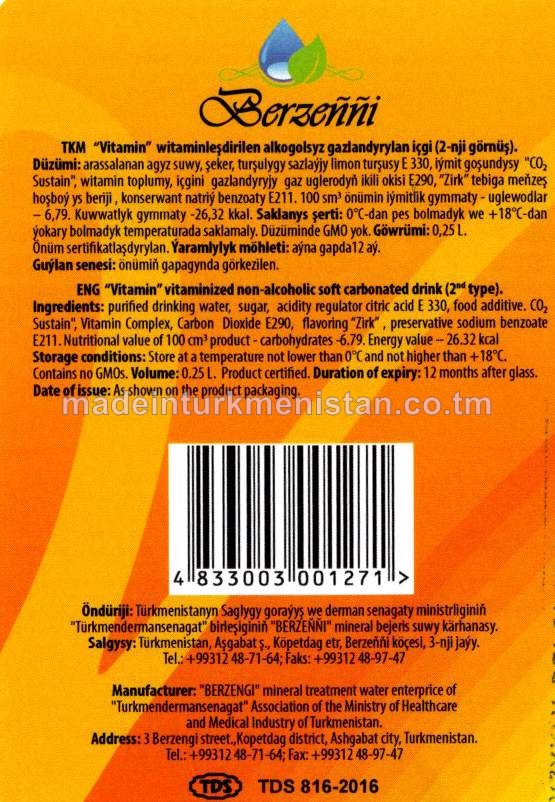 Witaminleşdirilen alkogolsyz gazlandyrylan içgi 