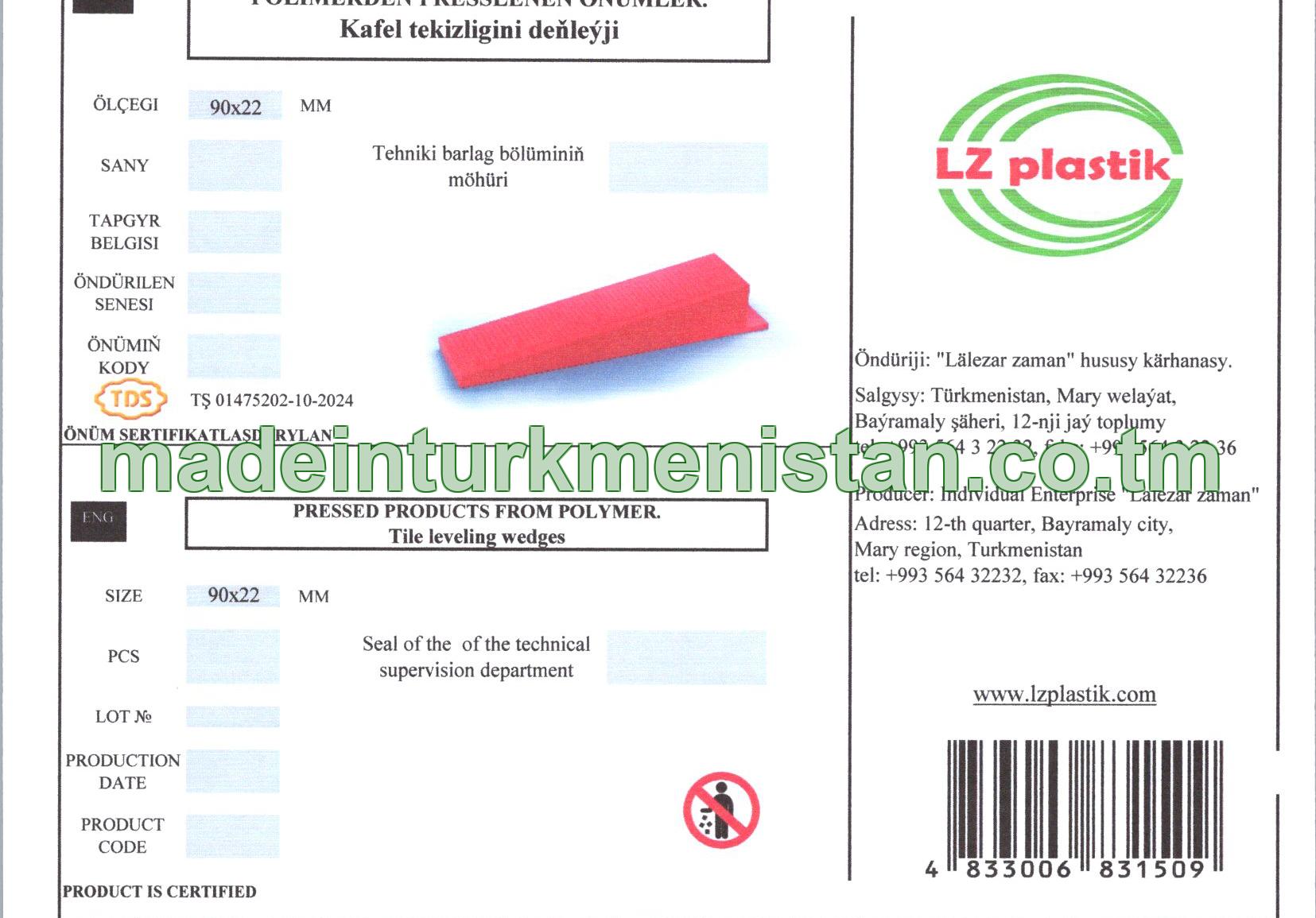 Kafel tekizligini deňleýji. Ölçegi 90x22mm (Polimerden presslenen önümler)