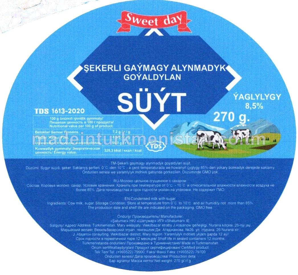 Şekerli gaýmagy alynmadyk goýaldylan süýt, ýaglylygy 8,5%