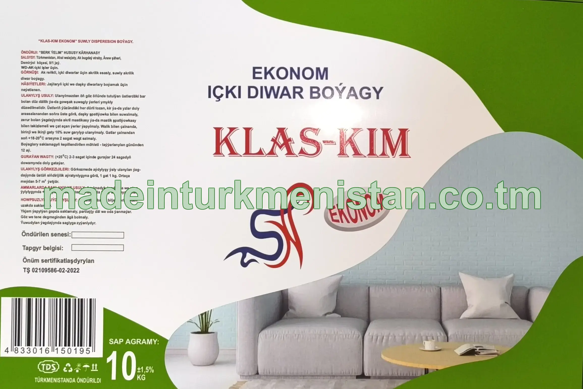 "Klas-Kim" Ekonom suwly dispersion boýagy, ak reňkli, WD-AK (içki diwar boýagy) 