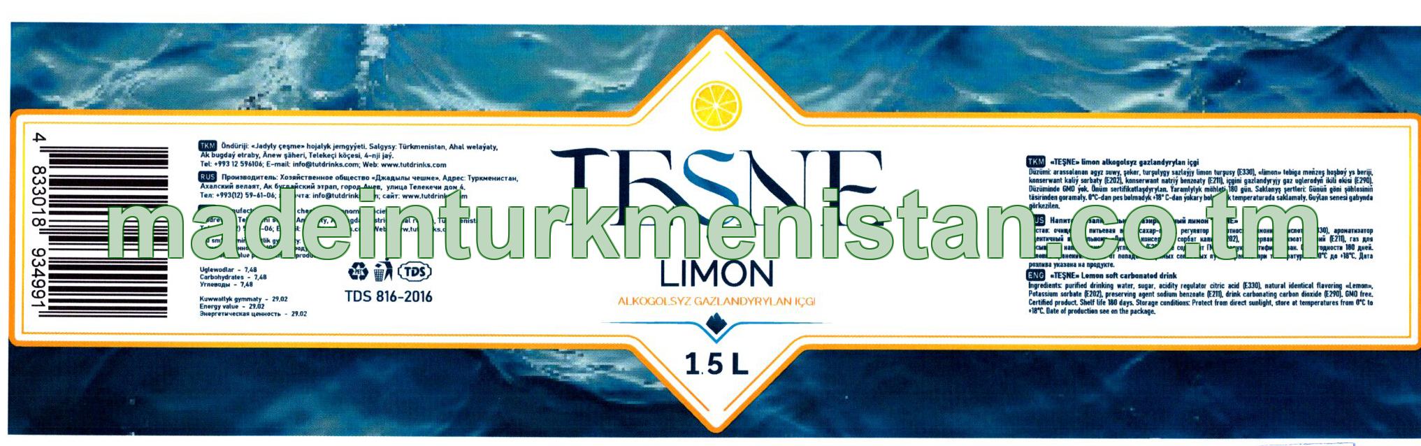 "Teşne" Limon alkagolsyz gazlandyrylan içgi