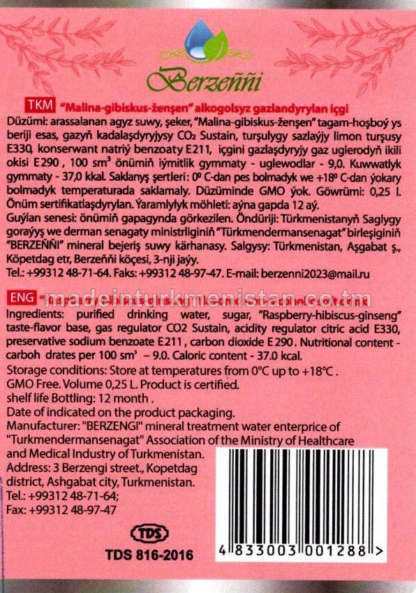 "Malina-gibiskus-ženşen" alkogolsyz gazlandyrylan içgi