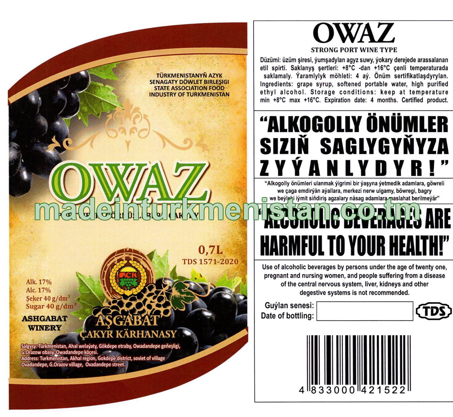 "Owaz" portweýn görnüşli berk çakyry. Alk: 17%, şeker 40g/dm3