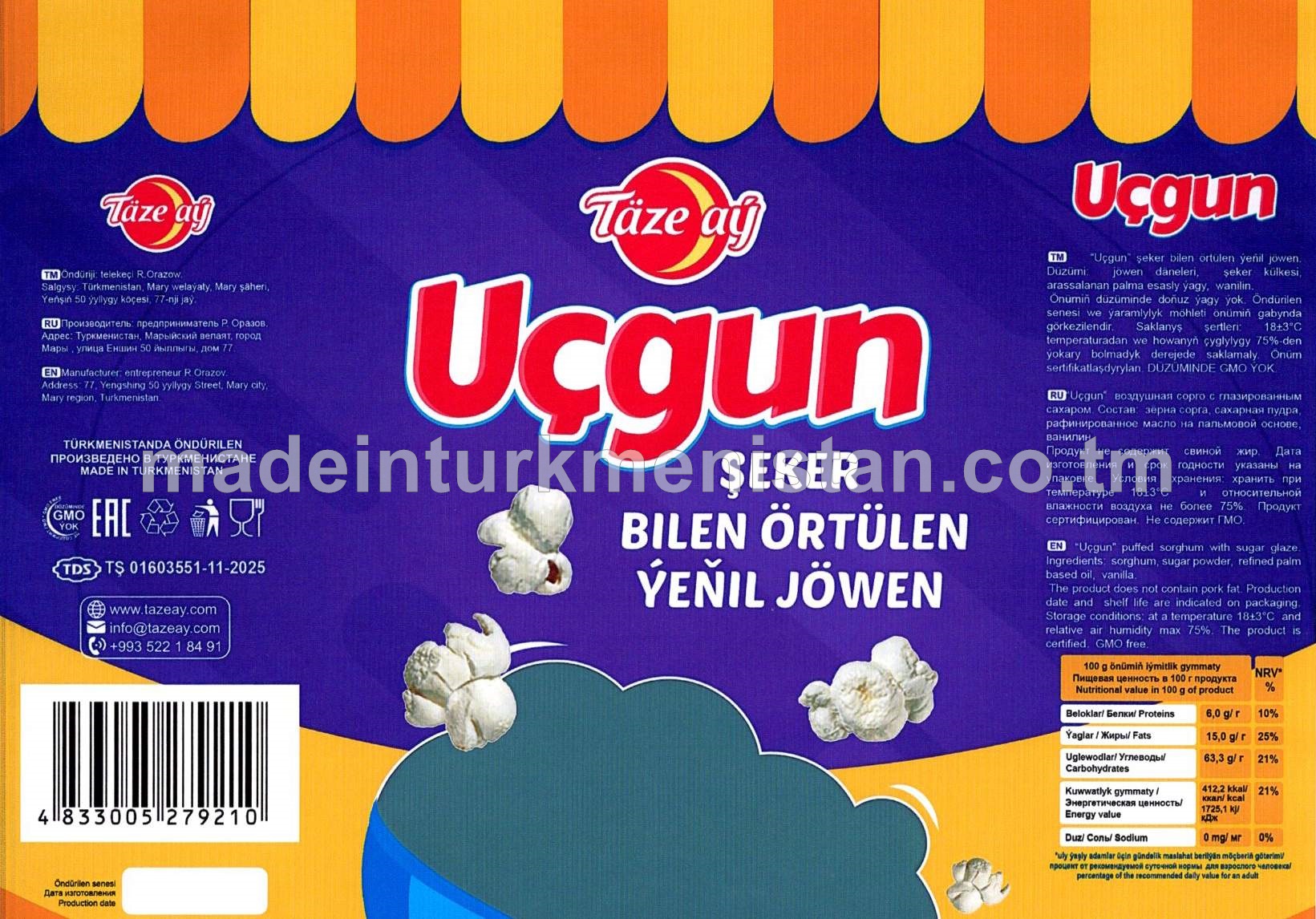 “Uçgun” şeker bilen örtülen ýeňil jöwen