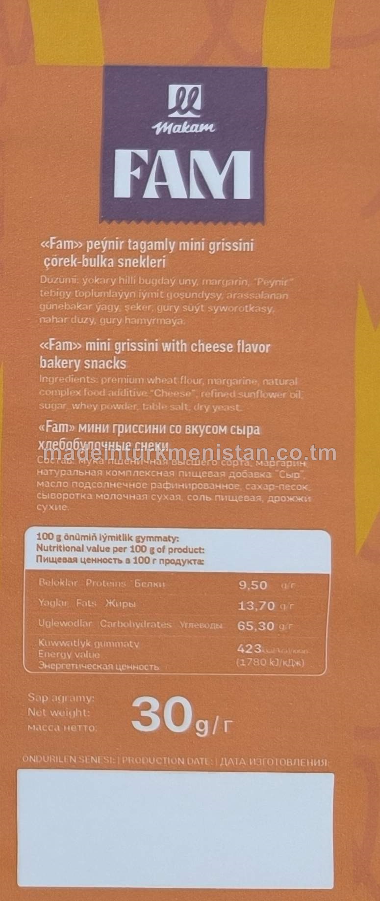 "Fam" peýnir tagamly mini grissini çörek-bulka snekleri. Ýokary hilli bugdaý unundan