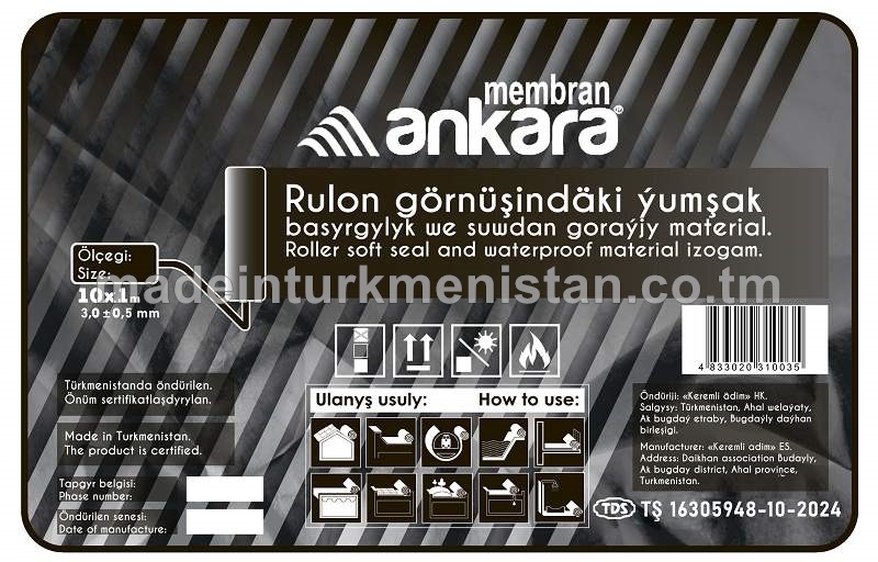 Rulon görnüşindäki ýumşak basyrgylyk we suwdan goraýjy material. Ölçegi: 10x1m. Galyňlygy: 3,0mm