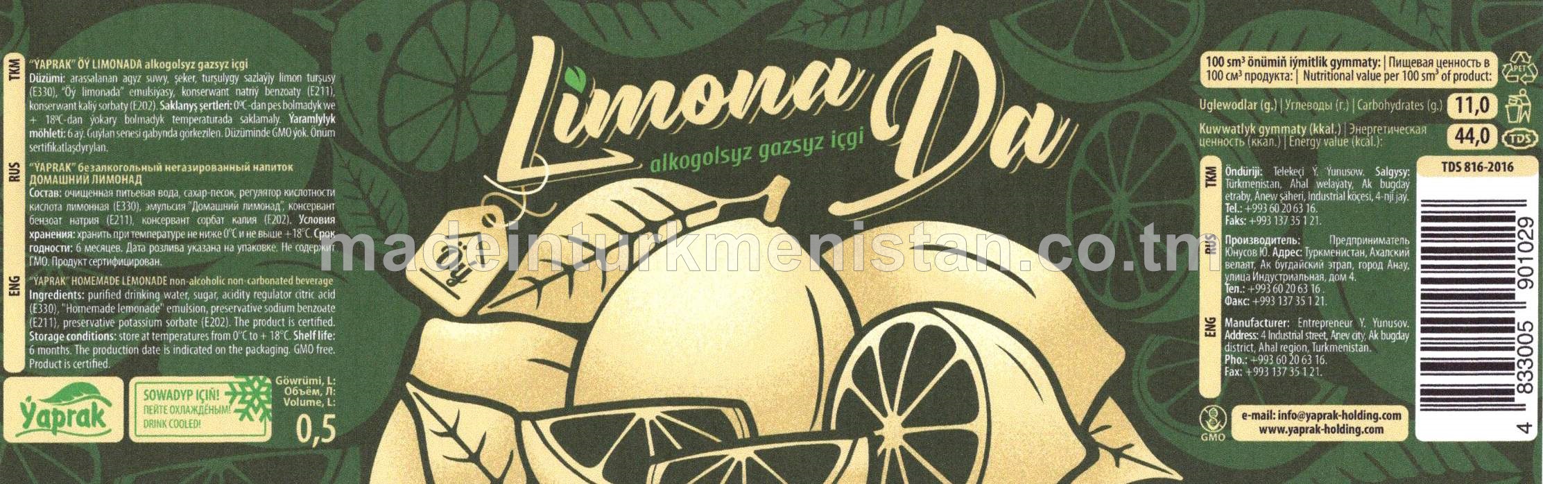 “Ýaprak" ÖÝ LIMONADA alkogolsyz gazsyz içgi