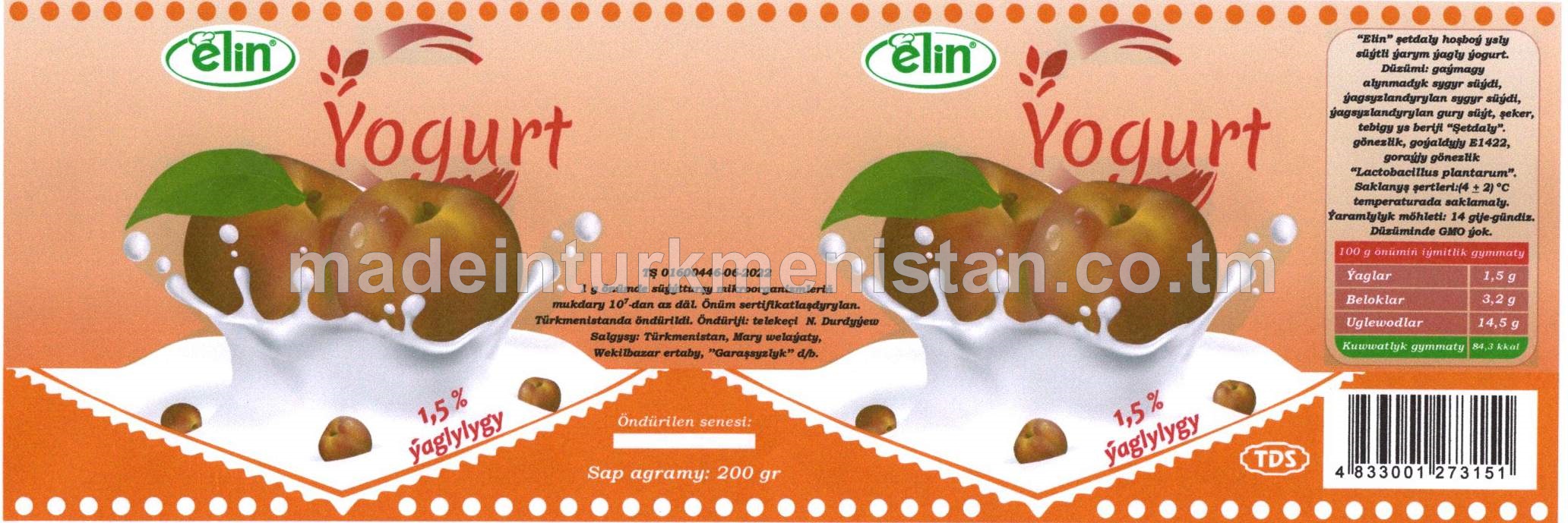 Ýogurt şetdaly hoşboý ysly süýtli ýarym ýagly, ýaglylygy 1,5%