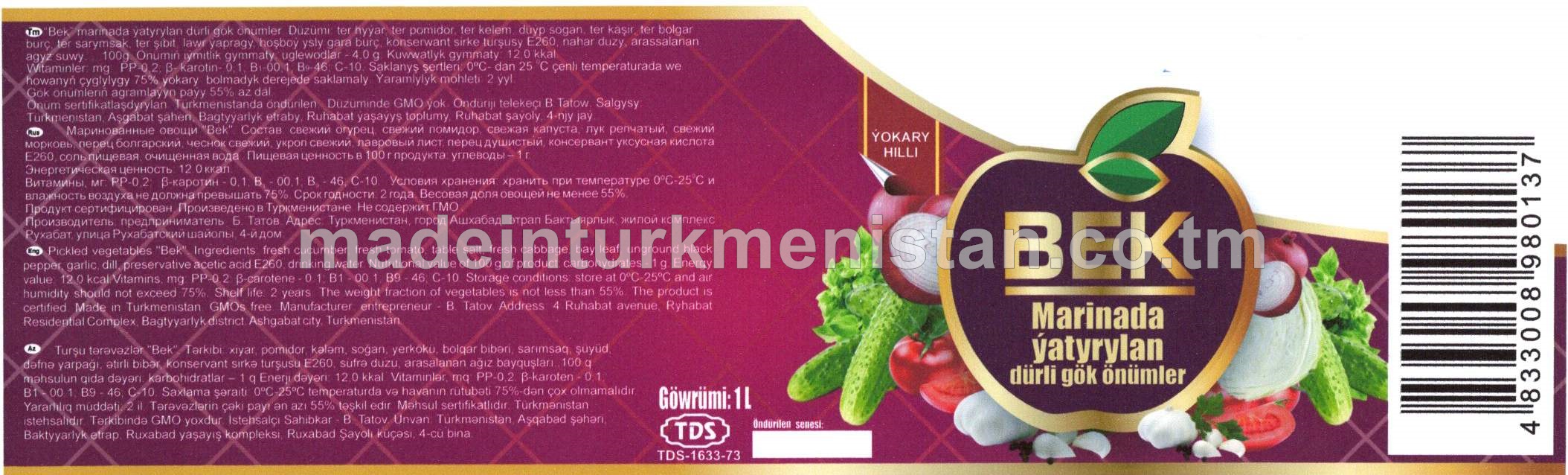 "Bek" marinada ýatyrylan dürli gök önümler