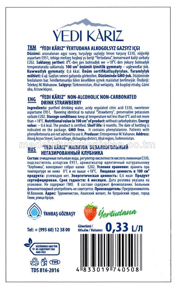 ÝEDI KÄRIZ ÝERTUDANA  ALKOGOLSYZ GAZSYZ IÇGI