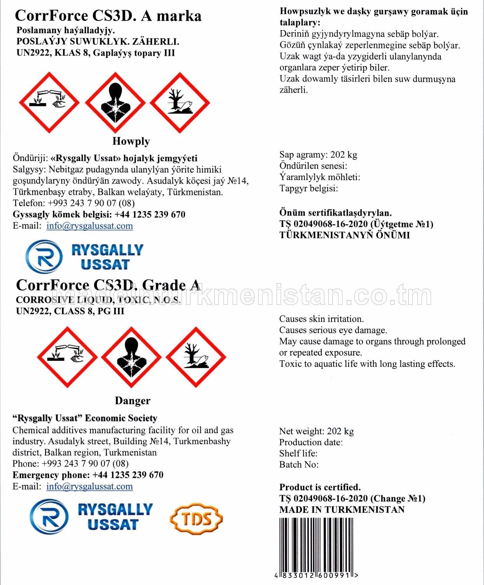 CorrForce CS3D. A marka Poslamany haýalladyjy. POSLAÝJY SUWUKLYK. ZÄHERLI. UN2922, KLAS 8, 