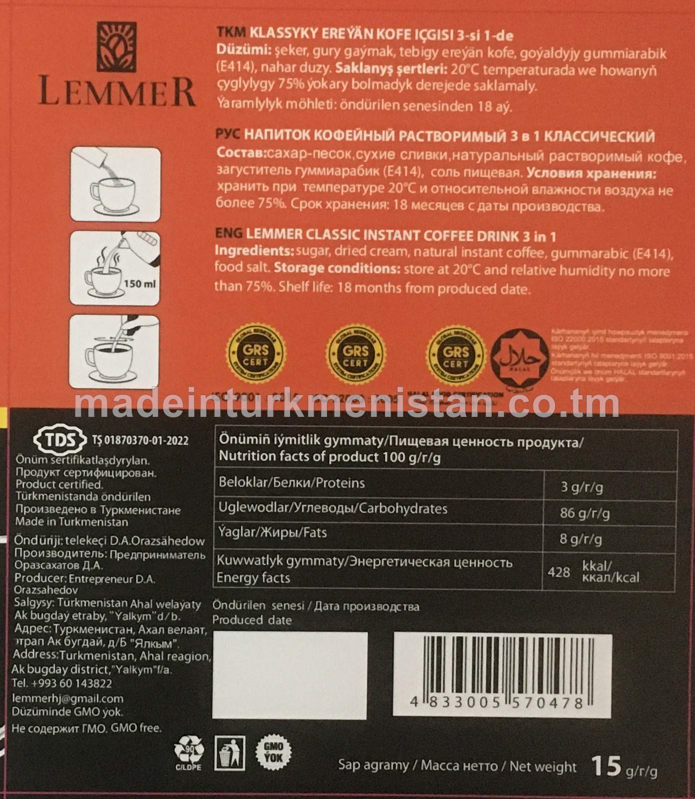 "LEMMER" KLASSYKY EREÝÄN KOFE IÇGISI 3-SI 1-DE