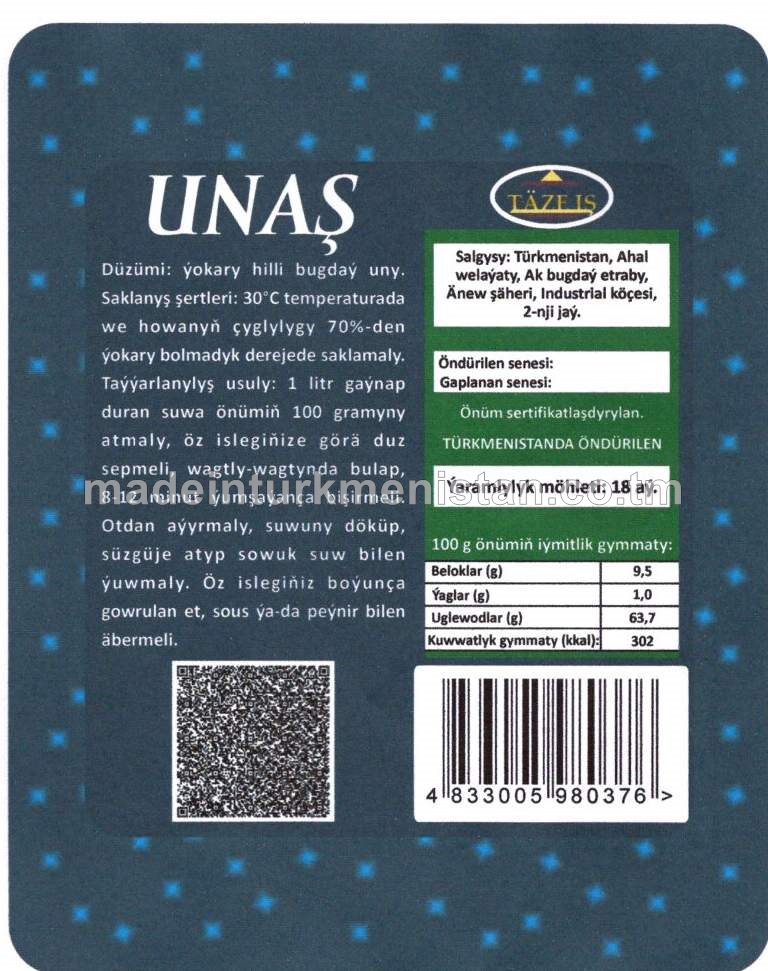 Unaş, ýokary hilli bugdaý unundan, topar w, synp 1