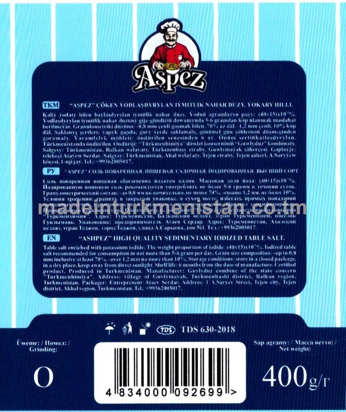 "Aşpez" çöken ýodlaşdyrylan iýmitlik nahar duzy. Ýokary hilli. Üwelen:0