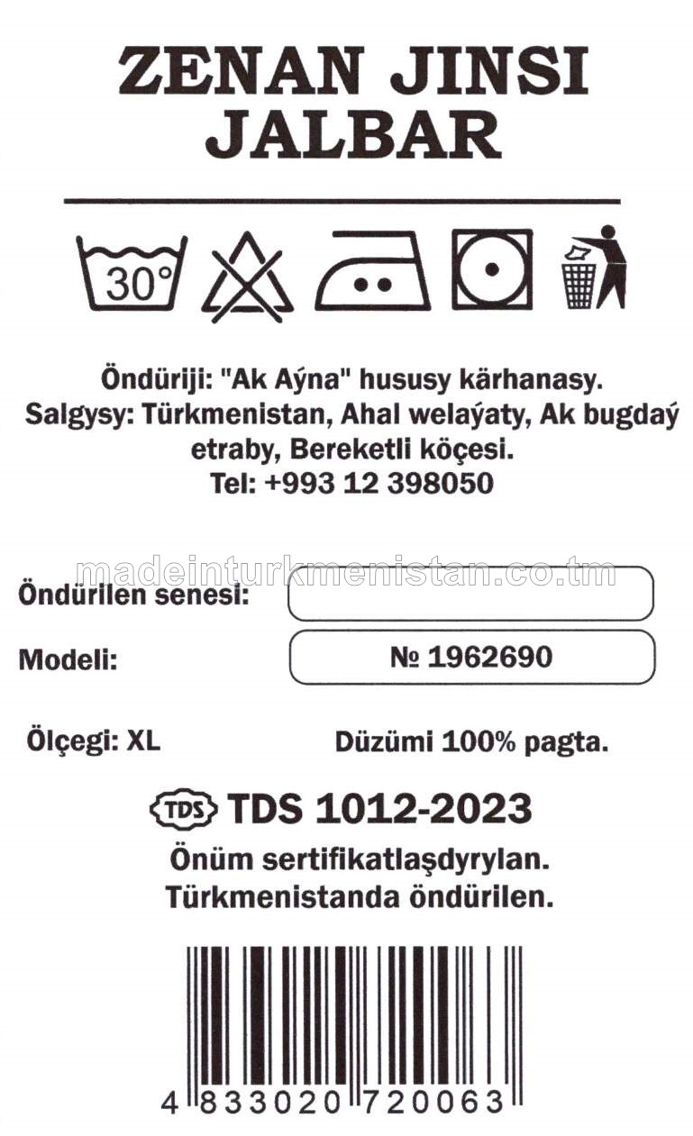Zenan jinsi jalbar. Ölçegi-XL. Modeli №1962690
