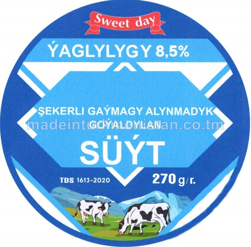 Şekerli gaýmagy alynmadyk goýaldylan Süýt, ýaglylygy 8,5%