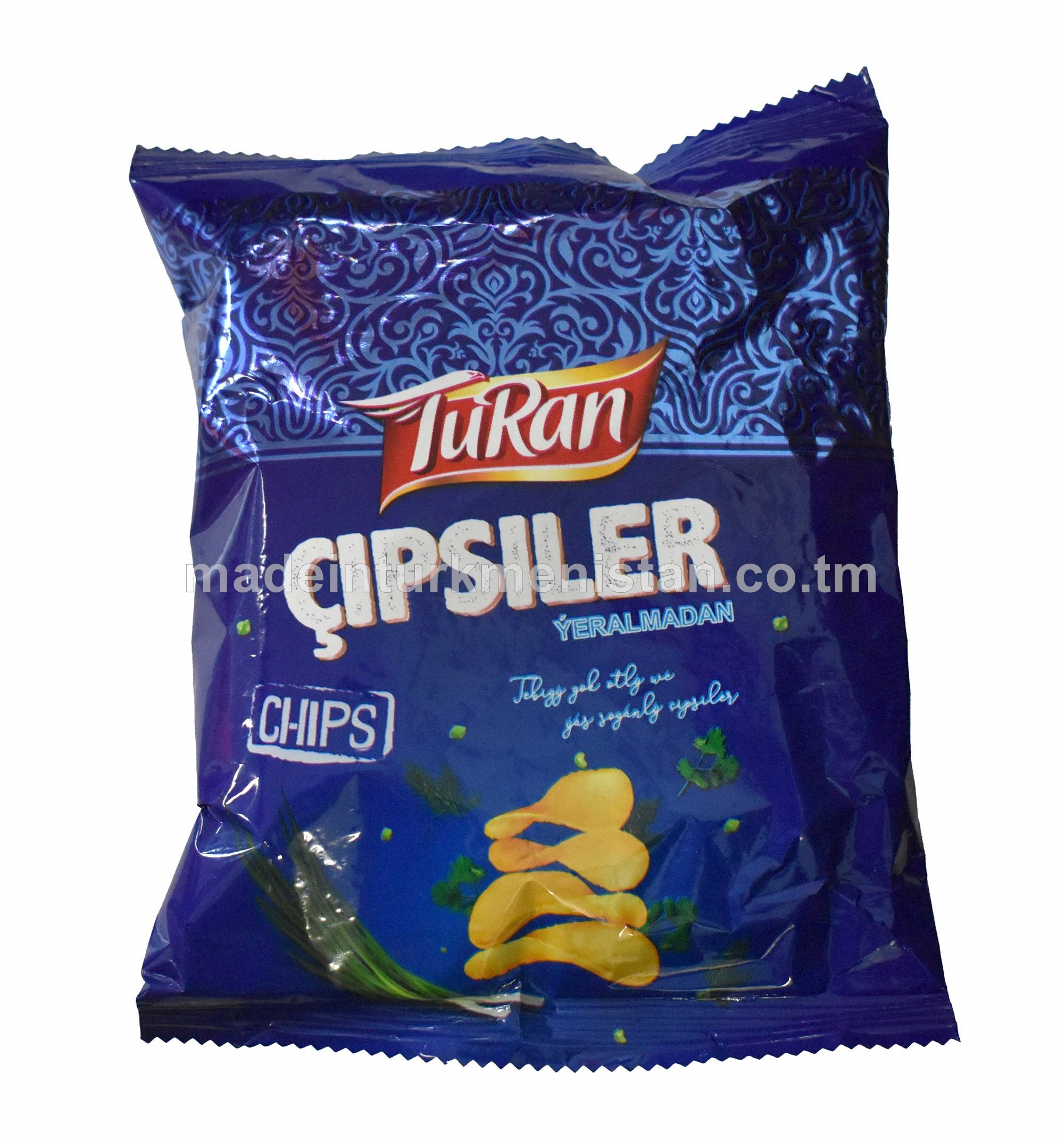 Ýeralmadan tebigy gök otly we ýaş soganly çipsiler