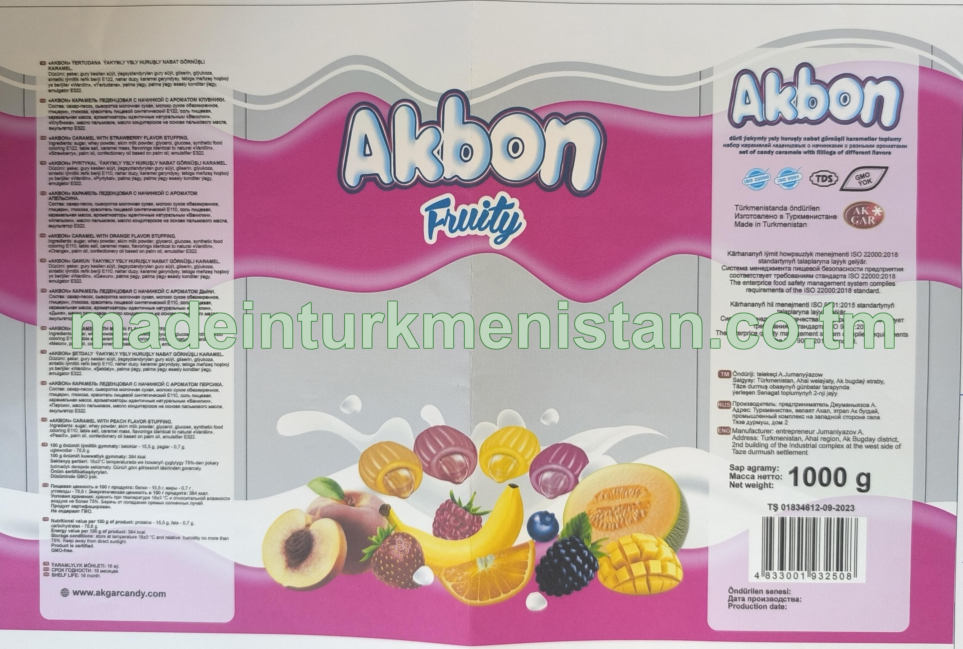 "Akbon" dürli ýakymly ysly huruşly nabat görnüşli karameller toplumy (ýertudana, pyrtykal, gawun, şetdaly)