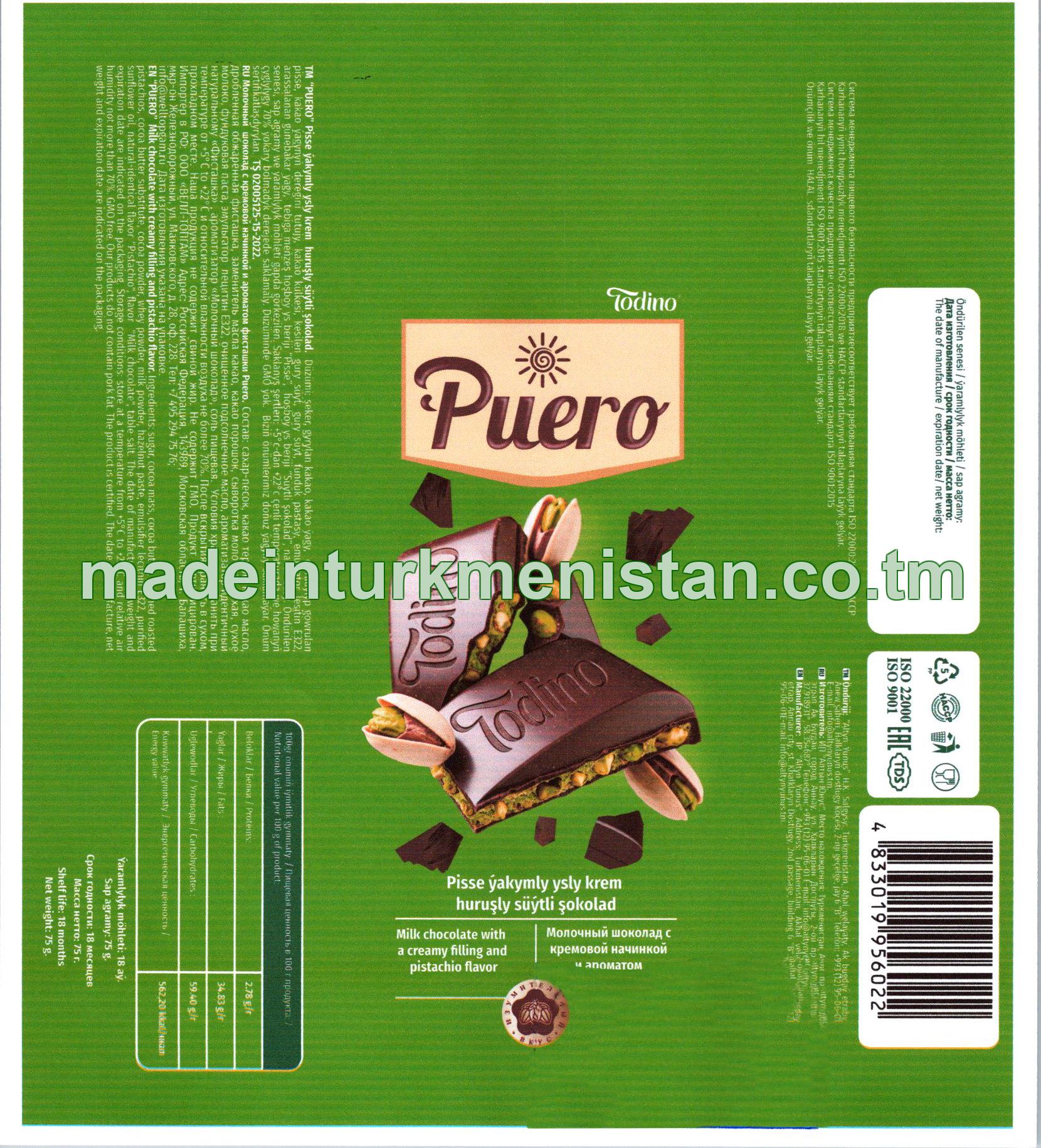 Milk chocolate with a creamy filling and pistachio flavor