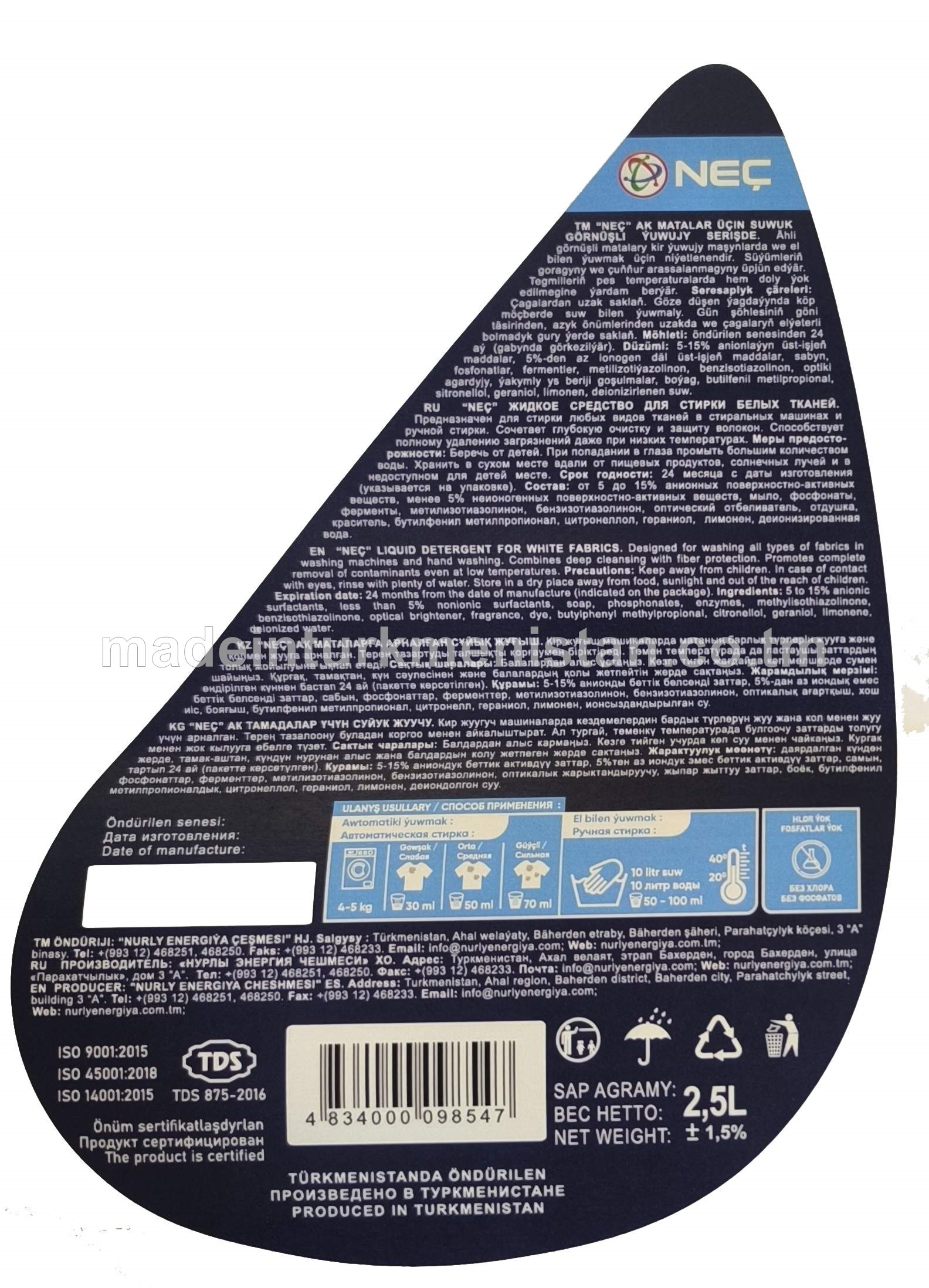 "NEÇ" ak matalar üçin suwuk görnüşli ýuwujy serişde