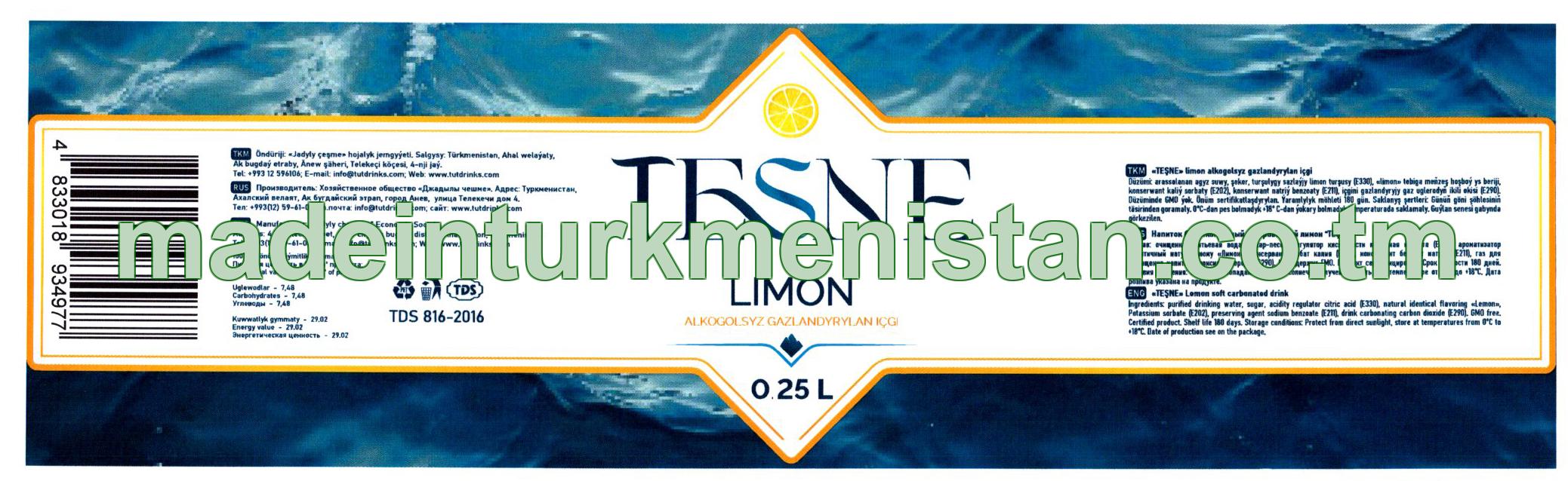 "Teşne" Limon alkagolsyz gazlandyrylan içgi