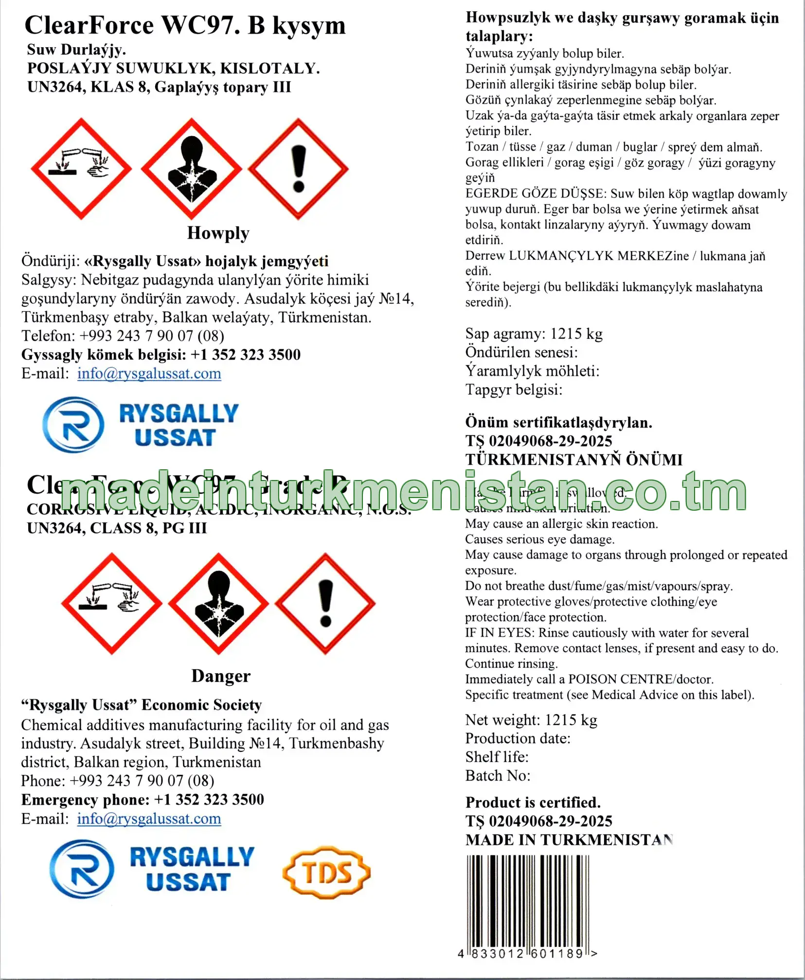 ClearForce WC97. B kysym. Suw Durlaýjy. POSLAÝJY SUWUKLYK, KISLOTALY, UN3264, Klas 8, Gaplaýyş topary III