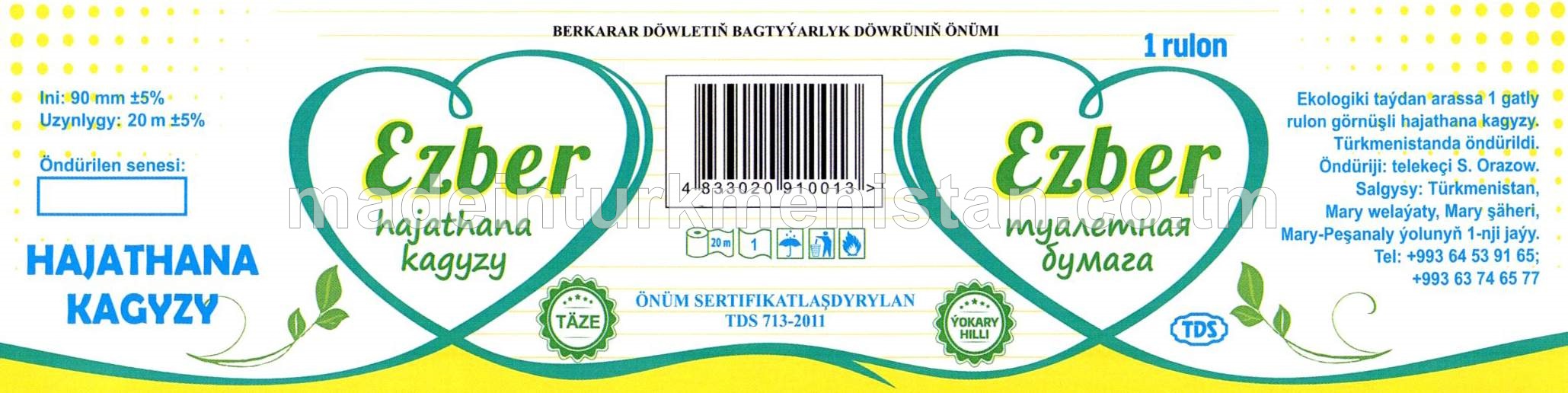 "Ezber" hajathana kagyzy. 1 gatly, uzynlygy 20m, ini 90mm, 